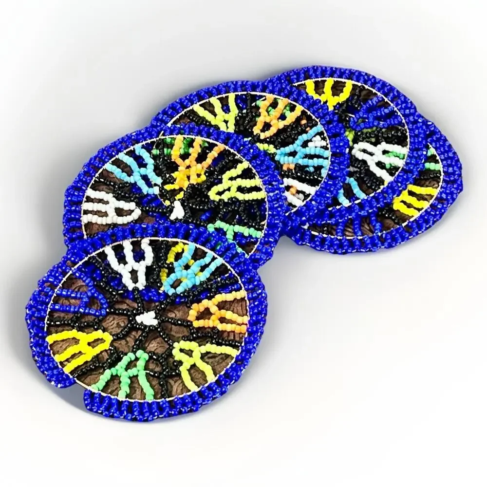 Set 5 Beaded Drink Coasters Multicolor Round Decor VTG Native American Style 3”